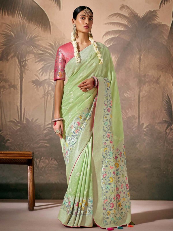 Pista Green Munga Silk Paithani Saree